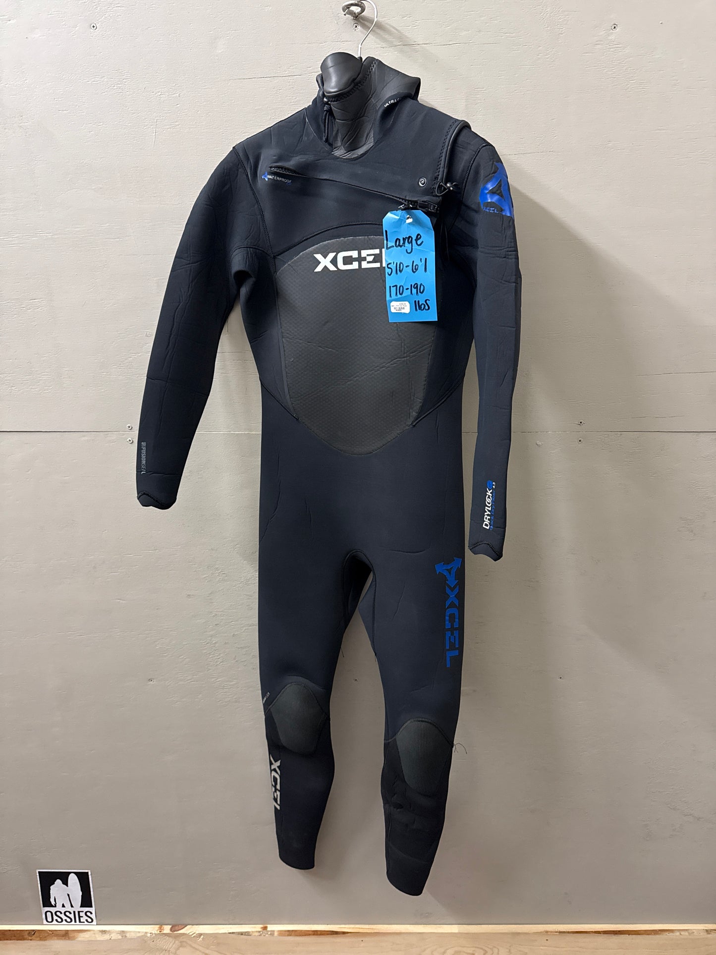 USED Men's 4/3MM Xcel Drylock Wetsuit - Size L (5'10"-6'0" | 170-190 lbs) - Good