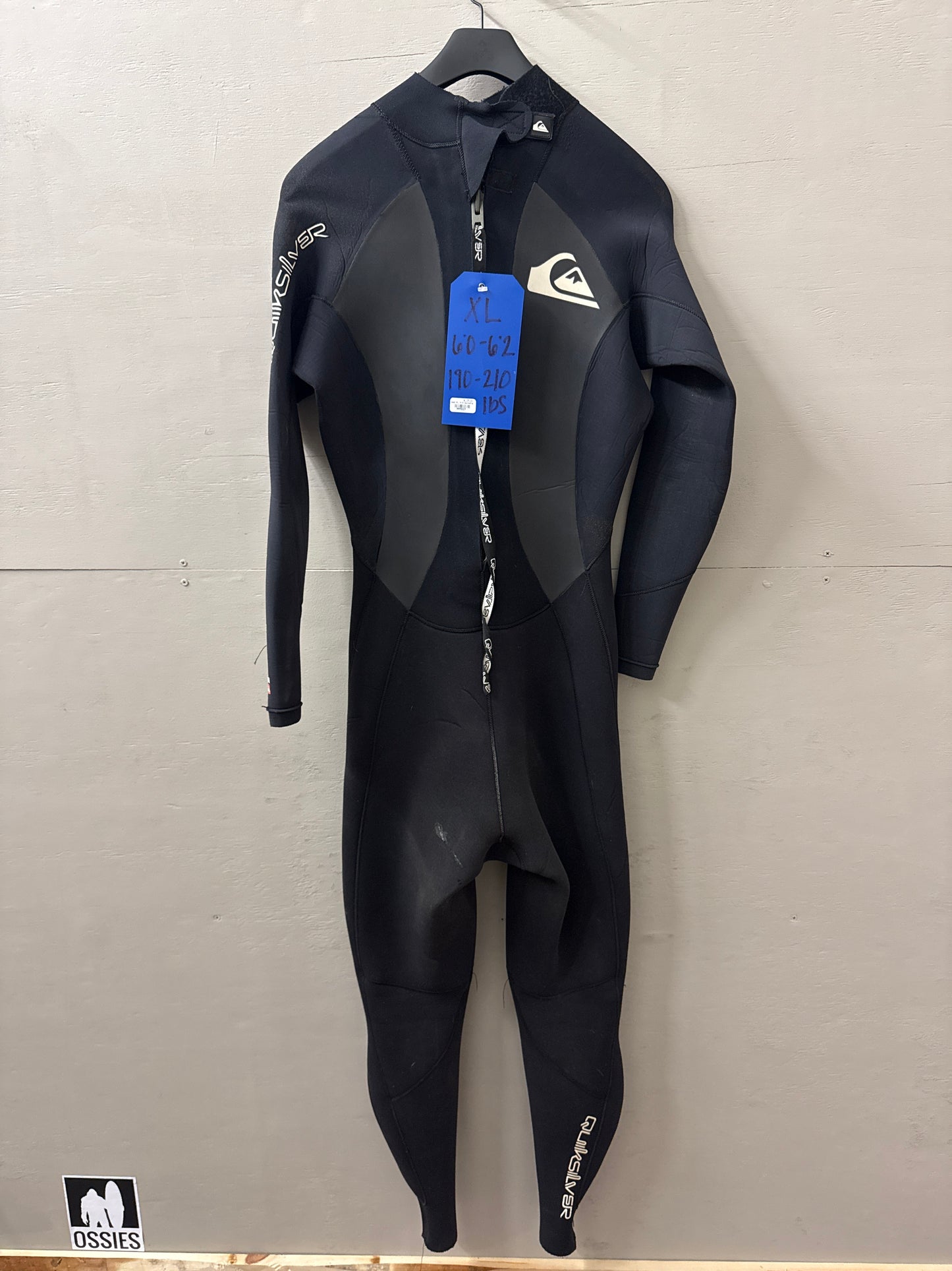 USED 4/3MM Men's Quicksilver Backzip Wetsuit - Size XL (6'0"-6'2" | 190-210 lbs) - Good