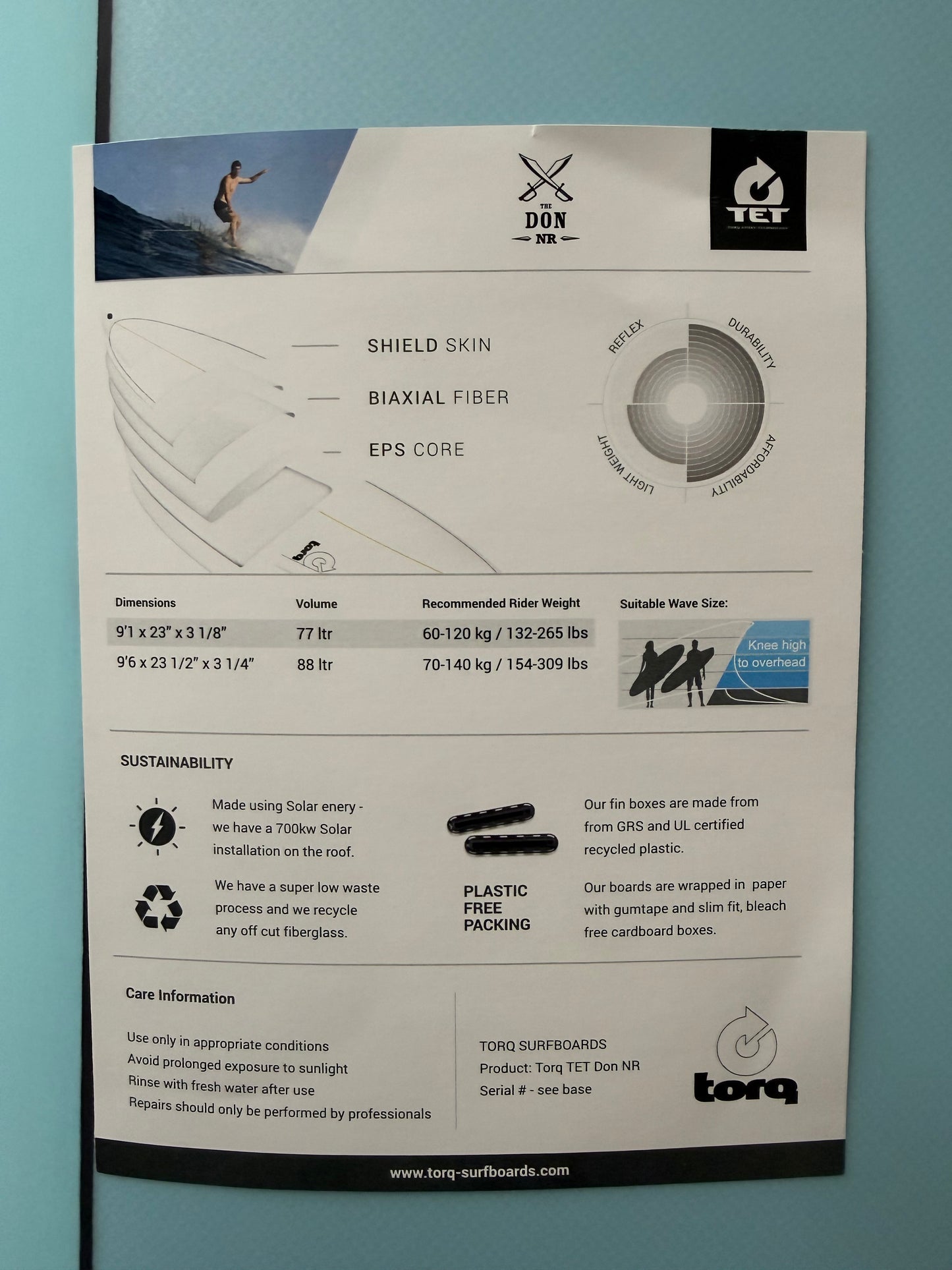 Torq Don Nose Rider 9'1" X 23" X 3 ¹/₈" | 77L | TET Epoxy Surfboard - Powder Blue