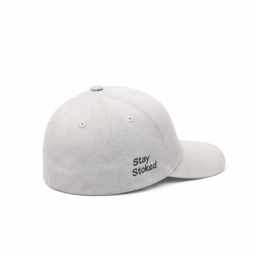 Gray cap with 'Stay Stoked' text on a white background