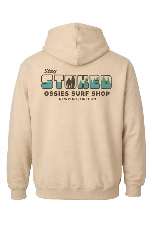 Beige hoodie with text and graphics on the back on a white background